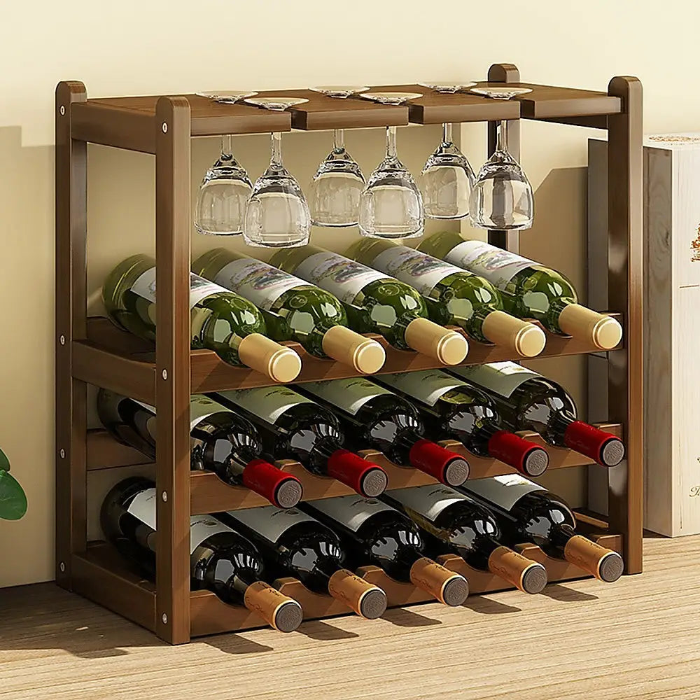 Wine Rack Free Standing 15 Bottles with 6 Glasses Holder Bamboo Wine Storage - Home & Garden > Kitchenware
