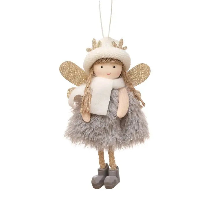 Winter Angel Ornament with Gold Glitter Wings and White Scarf - Christmas Tree Hanging Decoration 15*9 cm Grey colour
