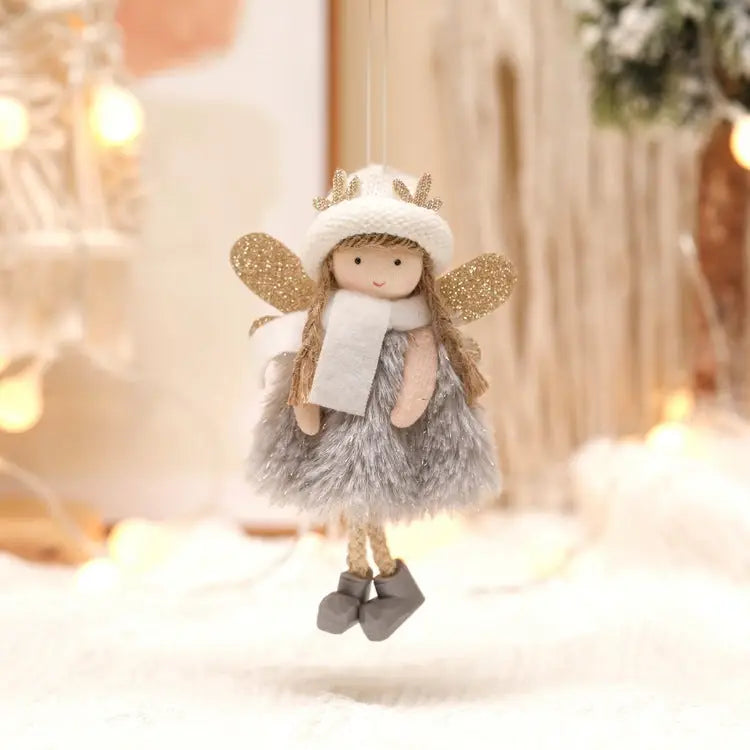 Winter Angel Ornament with Gold Glitter Wings and White Scarf - Christmas Tree Hanging Decoration 15*9 cm Grey colour