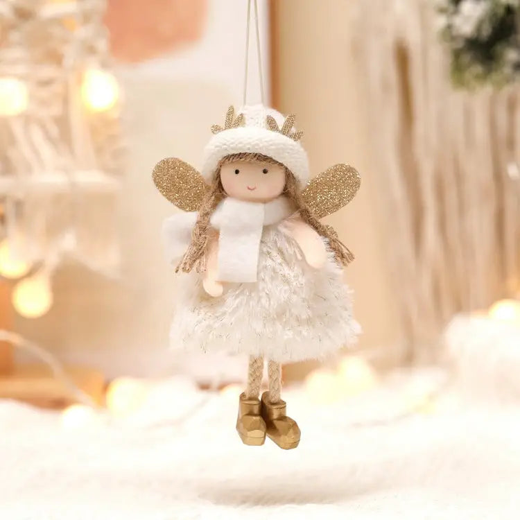 Winter Angel Ornament with Gold Glitter Wings and White Scarf - Christmas Tree Hanging Decoration 15*9 cm White colour