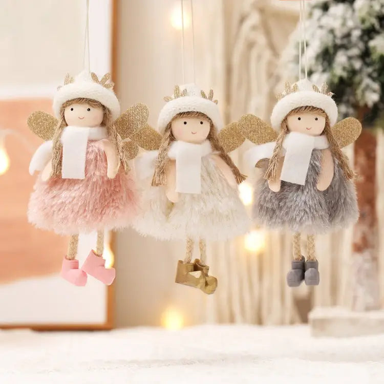 Winter Angel Ornament with Gold Glitter Wings and White Scarf - Christmas Tree Hanging Decoration 15*9 cm White colour