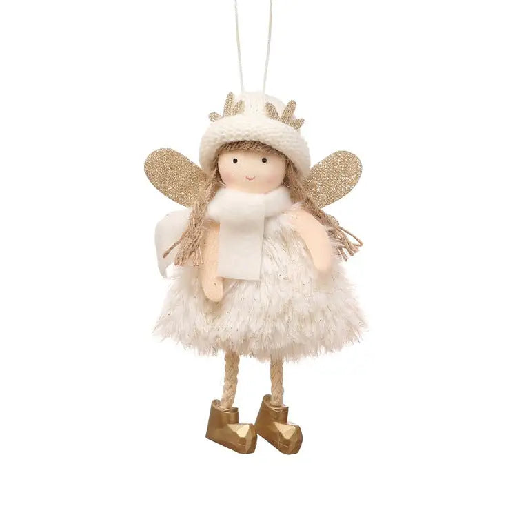 Winter Angel Ornament with Gold Glitter Wings and White Scarf - Christmas Tree Hanging Decoration 15*9 cm White colour