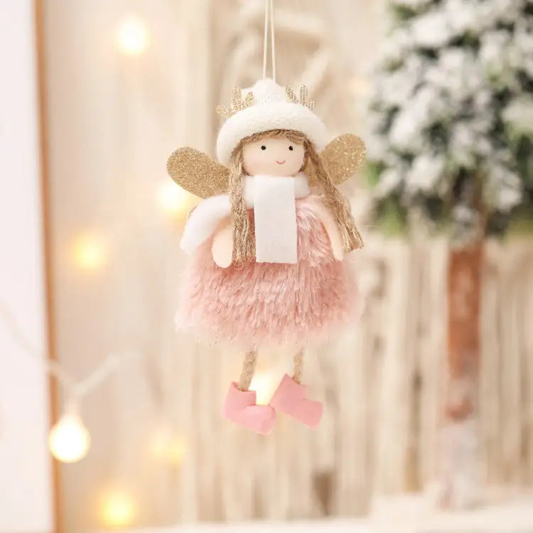 Winter Angel Ornament with Gold Glitter Wings and White Scarf - Christmas Tree Hanging Decoration 15*9 cm Pink colour