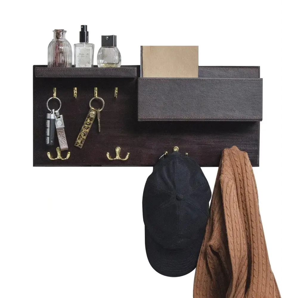 Wood Entryway Coat Rack with 2 Leather Tray(Brown) - Home & Garden > Storage