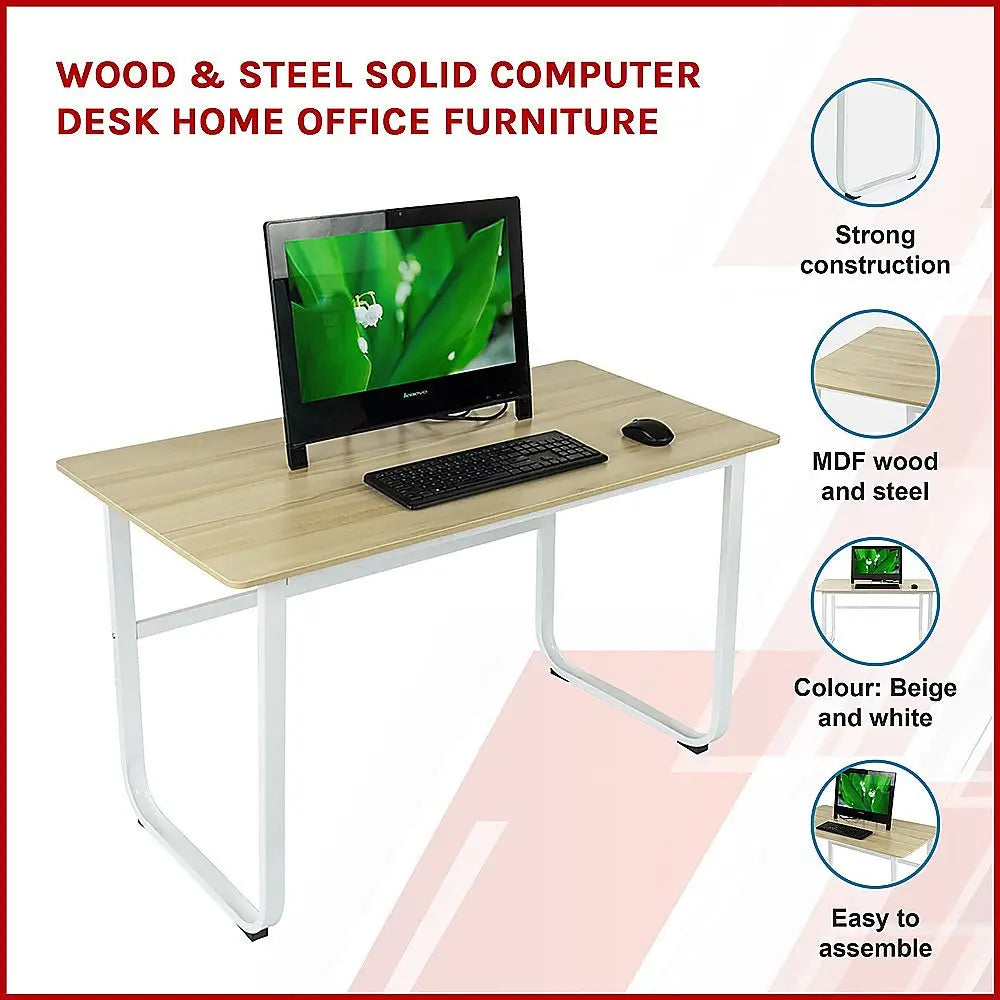 Wood & Steel Solid Computer Desk Home Office Furniture - Furniture > Office