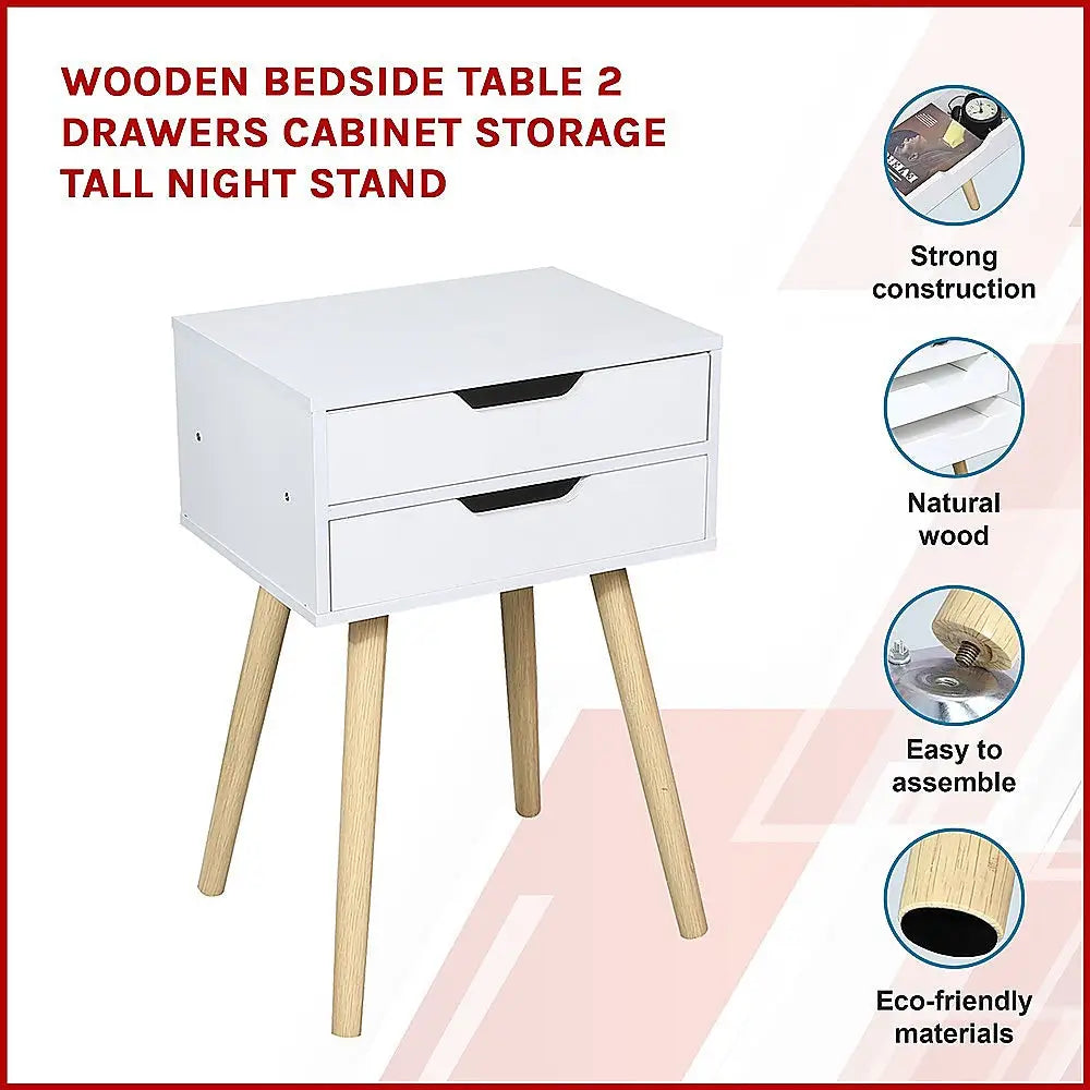 Wooden Bedside Table 2 Drawers Cabinet Storage Tall Night Stand - Furniture > Office