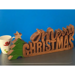 Wooden carved Merry Christmas decoration 38 cm long with Tree and Star - Occasions > Christmas > Christmas Decorations