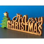 Wooden carved Merry Christmas decoration 38 cm long with Tree and Star - Occasions > Christmas > Christmas Decorations
