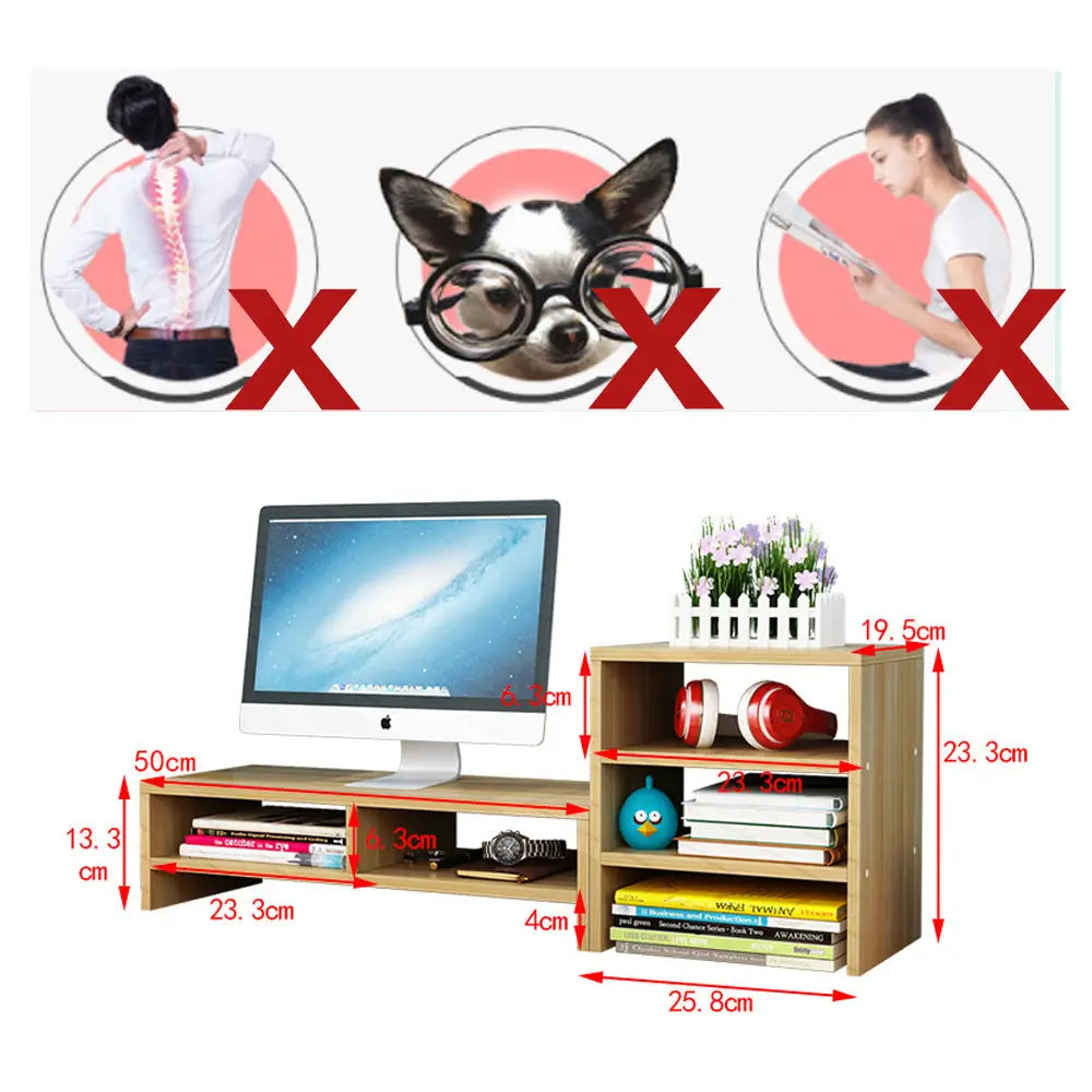 Wooden Desk Monitor Riser Stand With 3Tier Storage Shelves Desktop Bookshelf(Walnut Wood(Style 02)) - Furniture > Office
