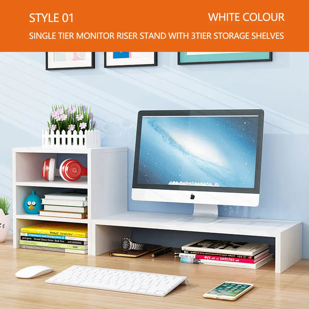 Wooden Desk Monitor Riser Stand With 3Tier Storage Shelves Desktop Bookshelf(Walnut Wood(Style 02)) - Furniture > Office