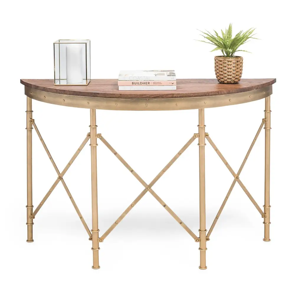 Wooden Hallway Console Table Half Round Shape in French Brass Finish - Furniture > Living Room