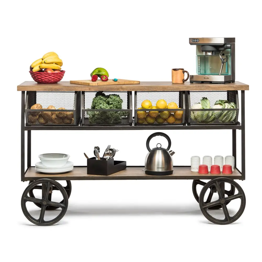 Wooden Kitchen Island Trolley Cart on Wheels with Drawers and 3 Level Storage - Furniture > Dining
