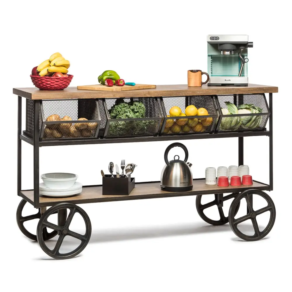 Wooden Kitchen Island Trolley Cart on Wheels with Drawers and 3 Level Storage - Furniture > Dining