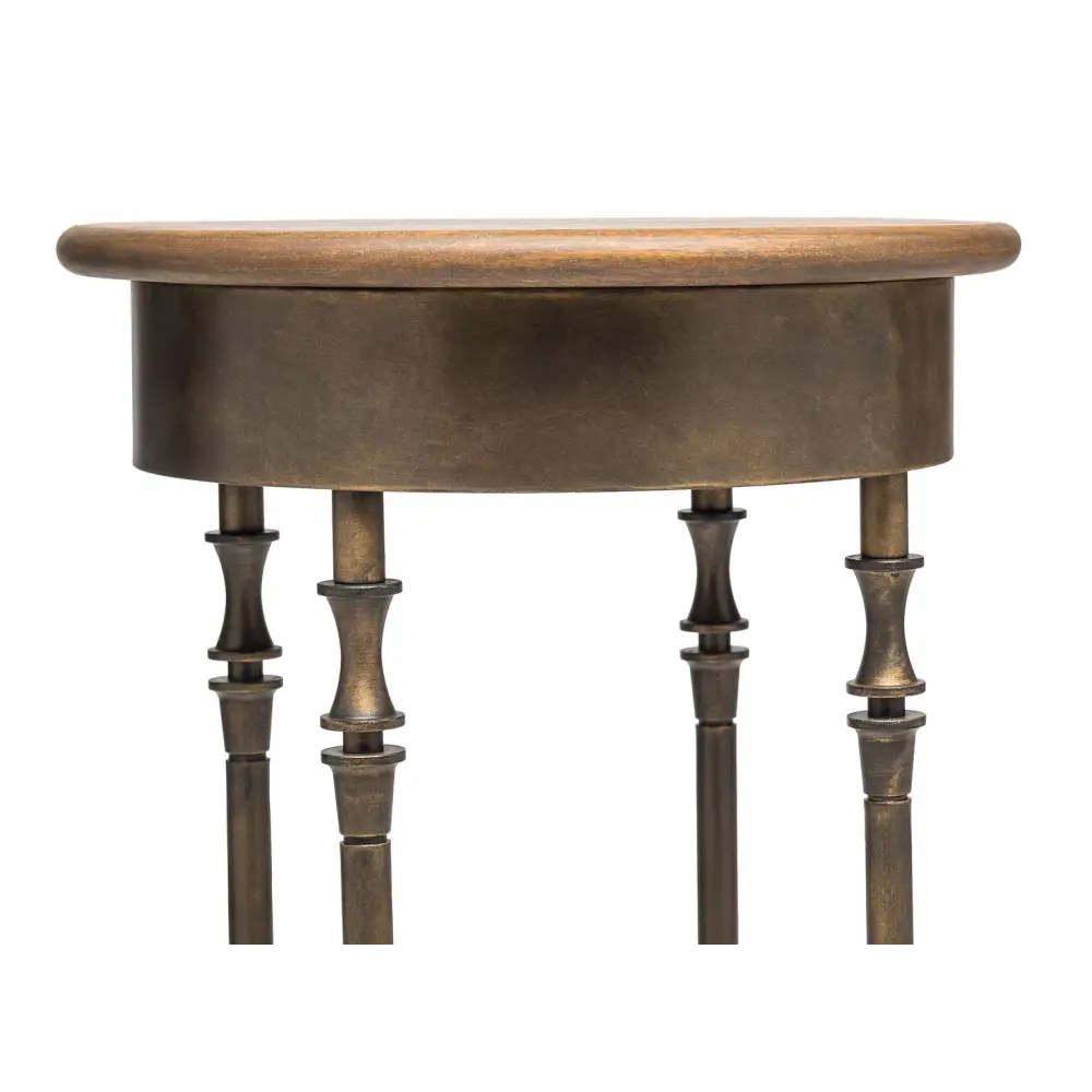 Wooden Round Side Table with Finial Legs in Dark French Brass Finish - Furniture > Living Room