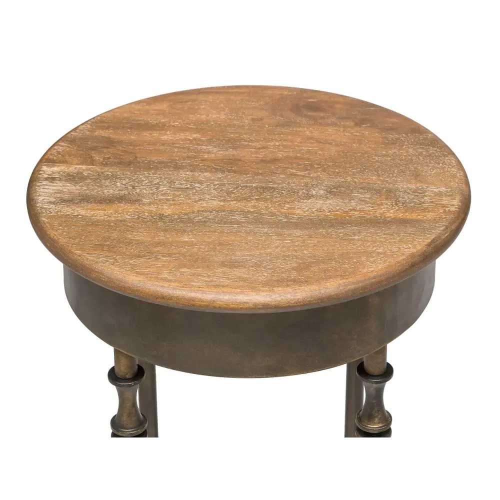 Wooden Round Side Table with Finial Legs in Dark French Brass Finish - Furniture > Living Room