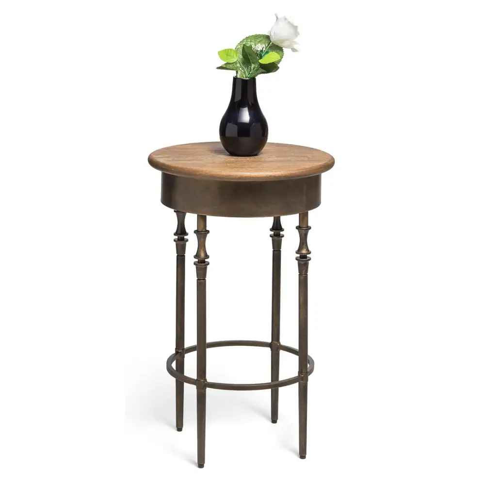 Wooden Round Side Table with Finial Legs in Dark French Brass Finish - Furniture > Living Room