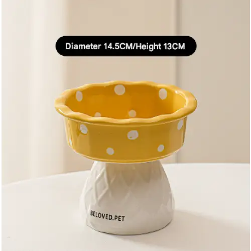Yellow Adorable Mushroom Ceramic Elevated Cat Bowl - Anti-Vomiting & Spine Protecting Pet Feeder with Polka Dots - Pet