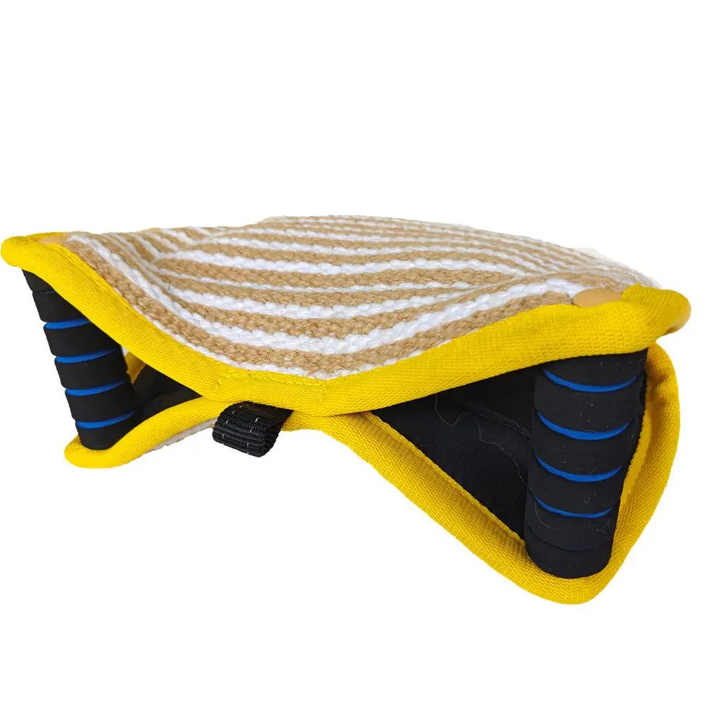 Yellow and Khaki Heavy Duty Jute Dog Bite Pillow - Professional Training Tug Toy with 3 Handles for Schutzhund K9