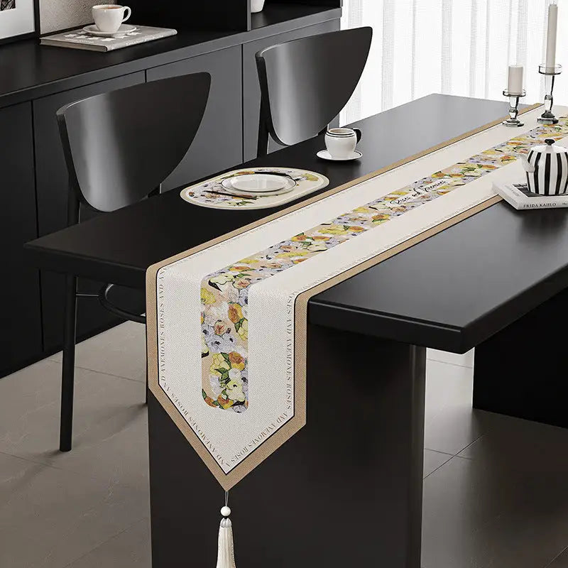 Yellow Flower Elegant Green Botanical Table Runner with Tassels - 30x180cm - Furniture > Dining > Dining Set