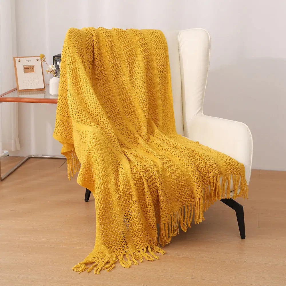 Yellow Hollow Knitted Sofa Blanket with Tassels 120 x 165 cm 510g Ideal for Hotel and Home - Home & Garden > Bedding >