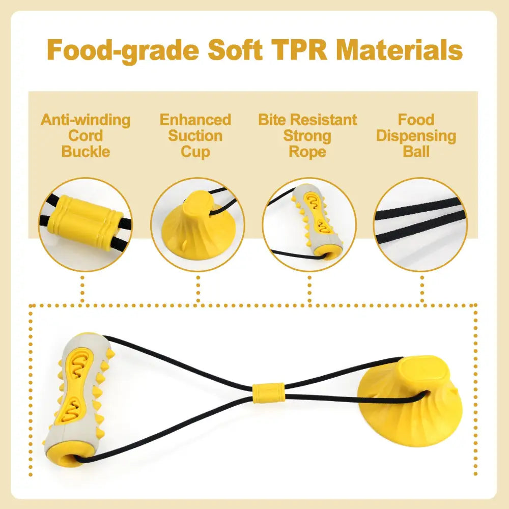 Yellow Interactive Dog Suction Cup Tug Toy - Durable TPR Chew & Treat Dispenser for Teeth Cleaning & Solo Play - Pet