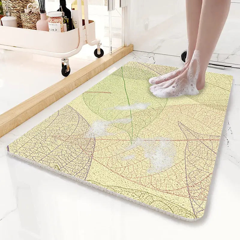 Yellow Leaves Pattern PVC Non-Slip Bath Mat 50x80cm - Shower Drain Hole Design Soft & Quick-Dry Bathroom Rug - Home &