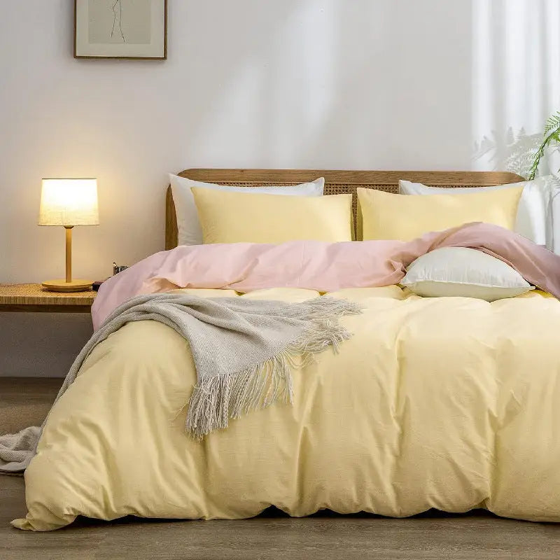 Yellow-pink 1.8m (Duvet Cover 180*220cm) Luxurious Soft Brushed Microfiber 4-Piece Bedding Set - Pure Color Double Bed