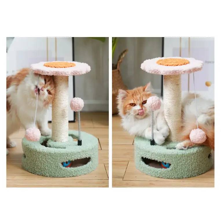 Yellow-pink Interactive Cat Scratching Post with Playful Ball Toys Flower Design - 35cm Height 26cm Base - Pet Care >