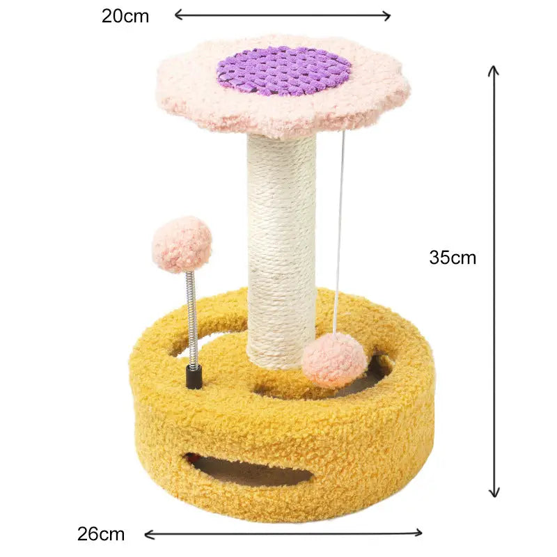 Yellow-pink Interactive Cat Scratching Post with Playful Ball Toys Flower Design - 35cm Height 26cm Base - Pet Care >