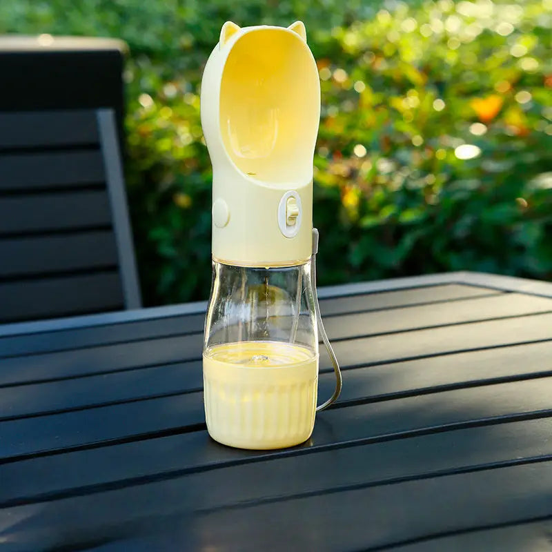 Yellow Portable Dog Water Bottle with Built-in Bowl Dispenser - 250ml Water,180ml Food Capacity Leak-proof for Travel