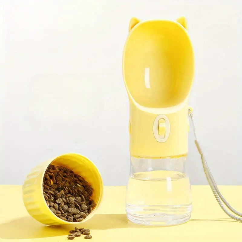Yellow Portable Dog Water Bottle with Built-in Bowl Dispenser - 250ml Water,180ml Food Capacity Leak-proof for Travel