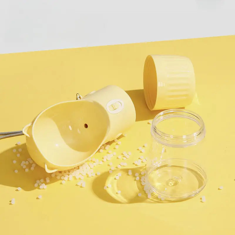 Yellow Portable Dog Water Bottle with Built-in Bowl Dispenser - 250ml Water,180ml Food Capacity Leak-proof for Travel