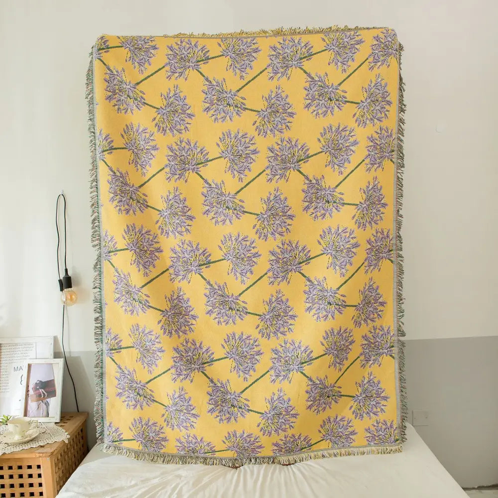 Yellow & Purple Floral Woven Throw Blanket - Chic Botanical Print with Tassels Cotton Blend Sofa & Bed Cover - Home &