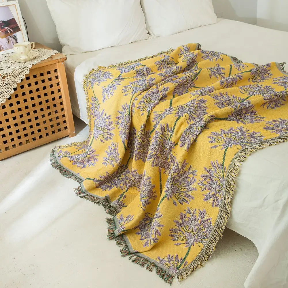 Yellow & Purple Floral Woven Throw Blanket - Chic Botanical Print with Tassels Cotton Blend Sofa & Bed Cover - Home &