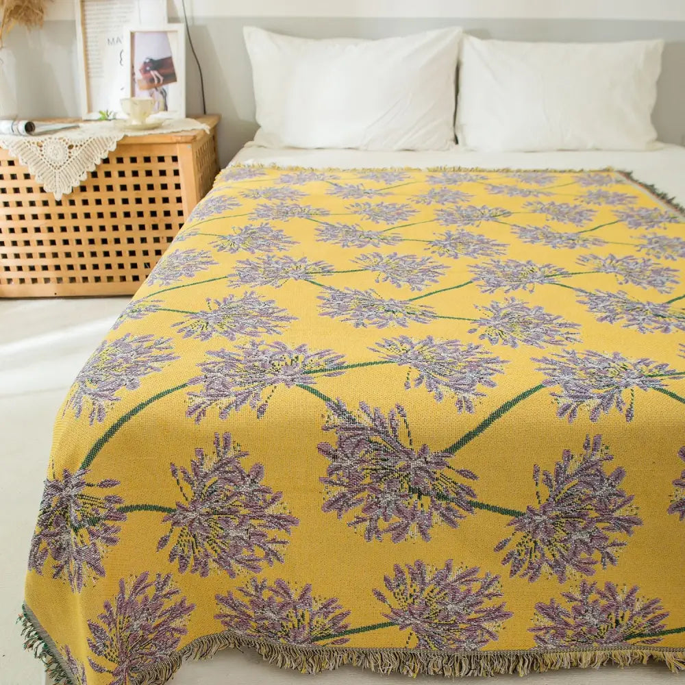 Yellow & Purple Floral Woven Throw Blanket - Chic Botanical Print with Tassels Cotton Blend Sofa & Bed Cover - Home &