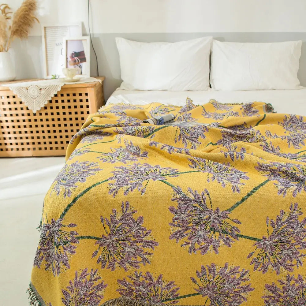 Yellow & Purple Floral Woven Throw Blanket - Chic Botanical Print with Tassels Cotton Blend Sofa & Bed Cover - Home &