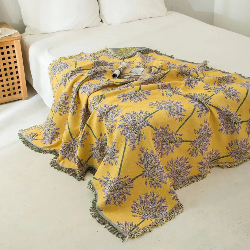 Yellow & Purple Floral Woven Throw Blanket - Chic Botanical Print with Tassels Cotton Blend Sofa & Bed Cover - Home &