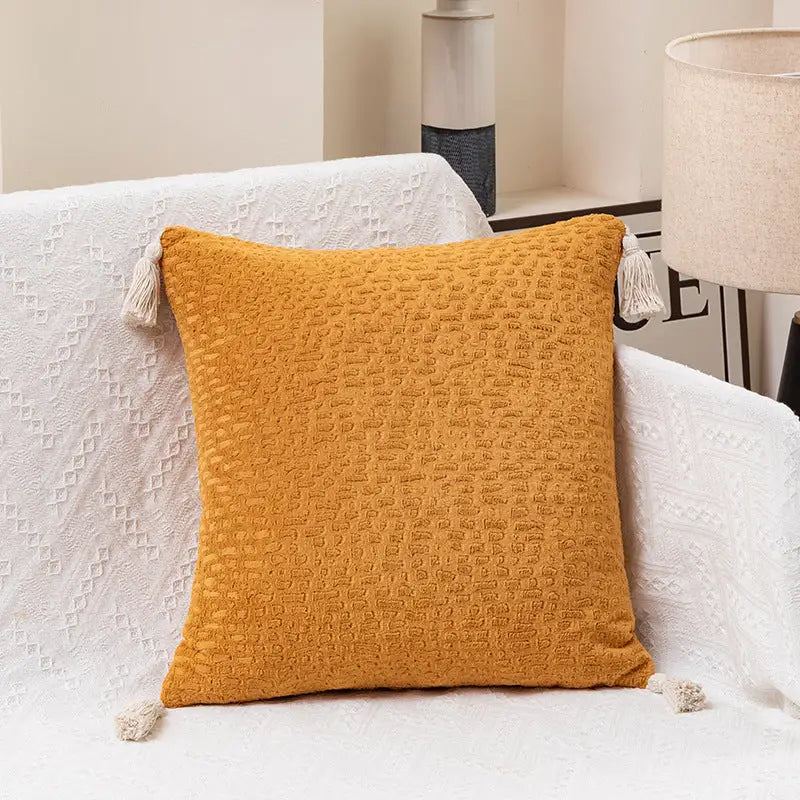 Yellow Set of 2 Textured Velvet Throw Pillow Covers with Tassels - Decorative Square Cushions 45*45cm - Home & Garden >