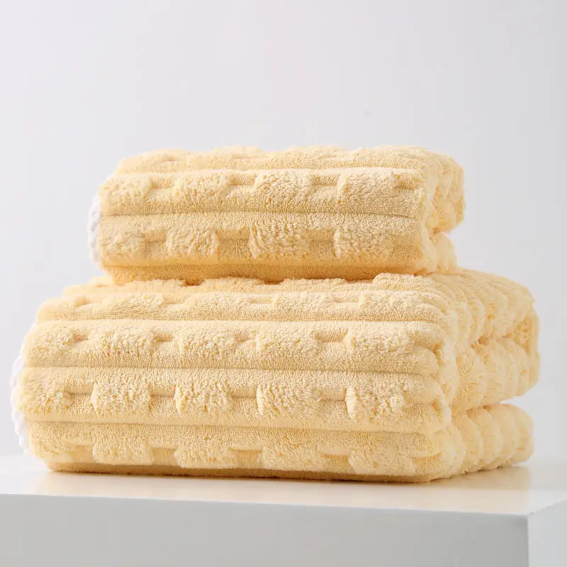 Yellow Thickened Coral Fleece Towel Set Large Bath Towel & Face Towel Combo Soft & Absorbent Towels for Home Use - Home