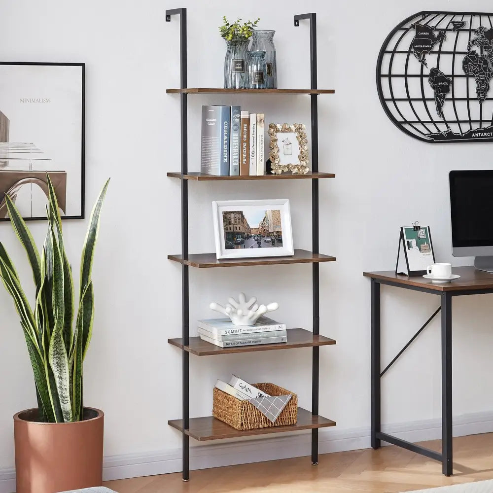 YES4HOMES Industrial Ladder Shelf Wood Wall-Mounted Bookcase Storage Rack Shelves Display - Furniture > Living Room