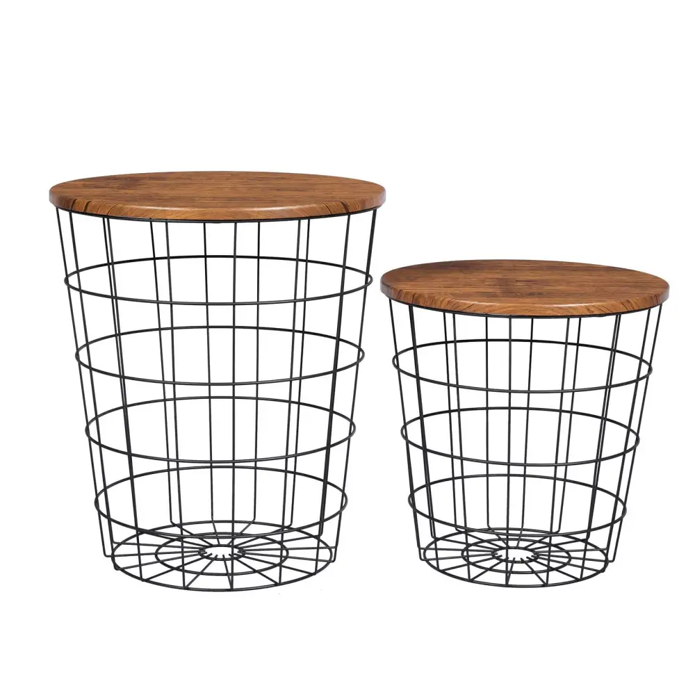 YES4HOMES Vintage Round Coffee Tables Set of 2 Side Tables Robust Steel Frame for Living Room Bedroom Rustic Brown