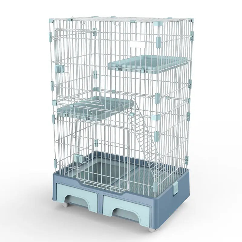 YES4PETS 134 cm Blue Pet 3 Level Cat Cage House With Litter Tray And Storage Box - Pet Care > Cat Supplies > Cat Litter