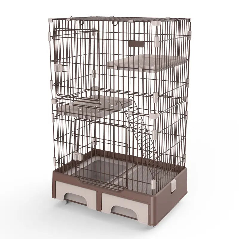YES4PETS 134 cm Brown Pet 3 Level Cat Cage House With Litter Tray And Storage Box - Pet Care > Cat Supplies > Cat Litter