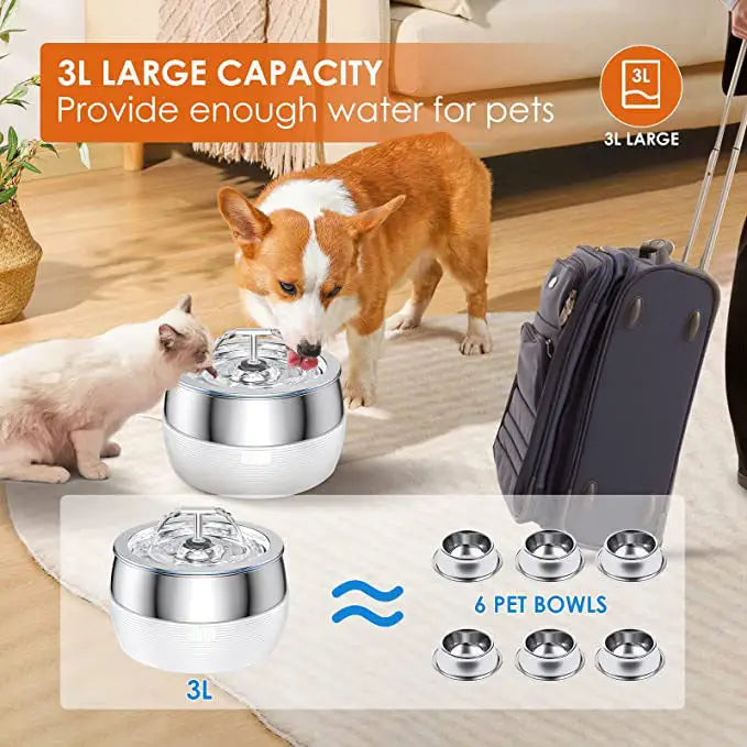 YES4PETS 3L Automatic Electric Pet Water Fountain Dog Cat Stainless Steel Feeder Bowl Dispenser White - Pet Care > Dog