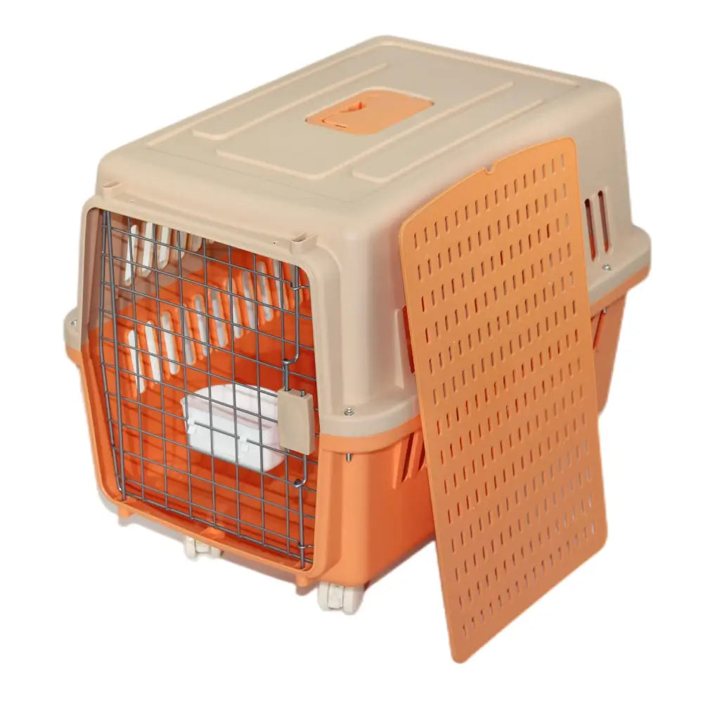 YES4PETS Large Dog Cat Crate Pet Carrier Rabbit Airline Cage With Tray Bowl & Wheel Orange - Pet Care > Cat Supplies >
