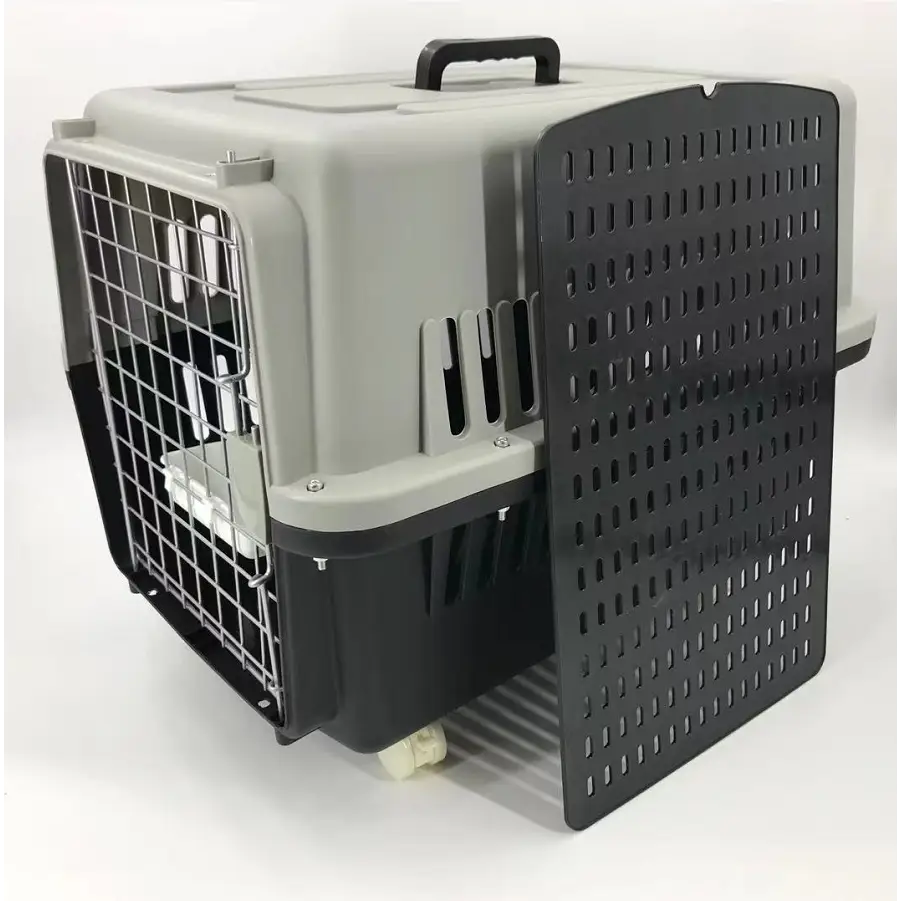 YES4PETS Large Dog Cat Crate Pet Carrier Rabbit Airline Cage With Tray Bowl & Wheel Black - Pet Care > Cat Supplies >