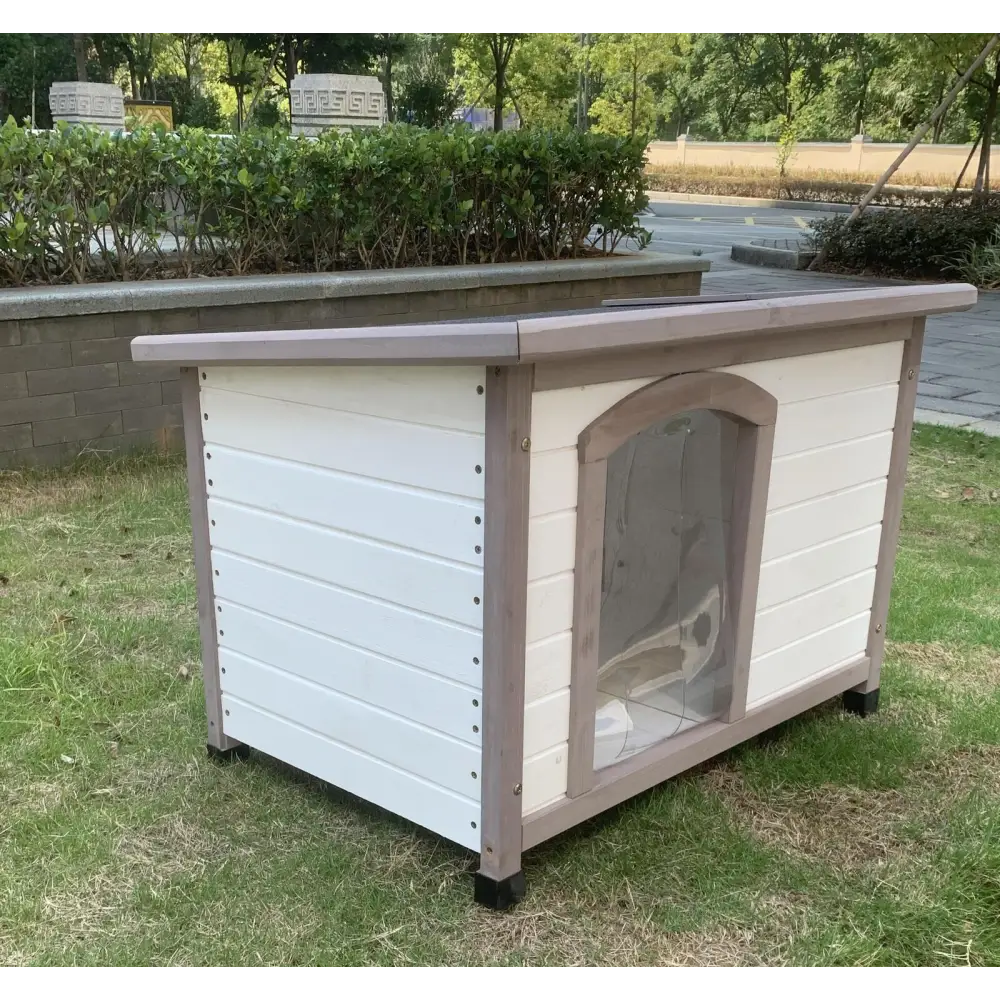 YES4PETS M Timber Pet Dog Kennel House Puppy Wooden Timber Cabin With Stripe White - Pet Care > Dog Supplies > Dog