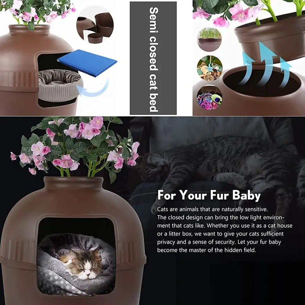 YES4PETS Multifunctional Cat Litter Box Pet Cat House Semi-Enclosed Brown - Pet Care > Cat Supplies > Cat Litter
