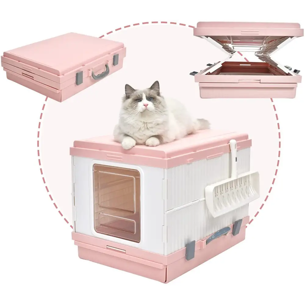 YES4PETS XL Portable Cat Toilet Litter Box Tray Foldable House with Handle and Scoop Pink - Pet Care > Cat Supplies >