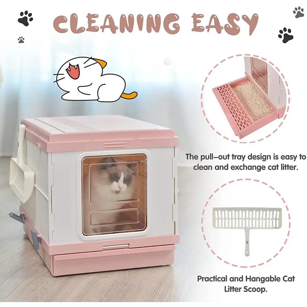 YES4PETS XL Portable Cat Toilet Litter Box Tray Foldable House with Handle and Scoop Pink - Pet Care > Cat Supplies >